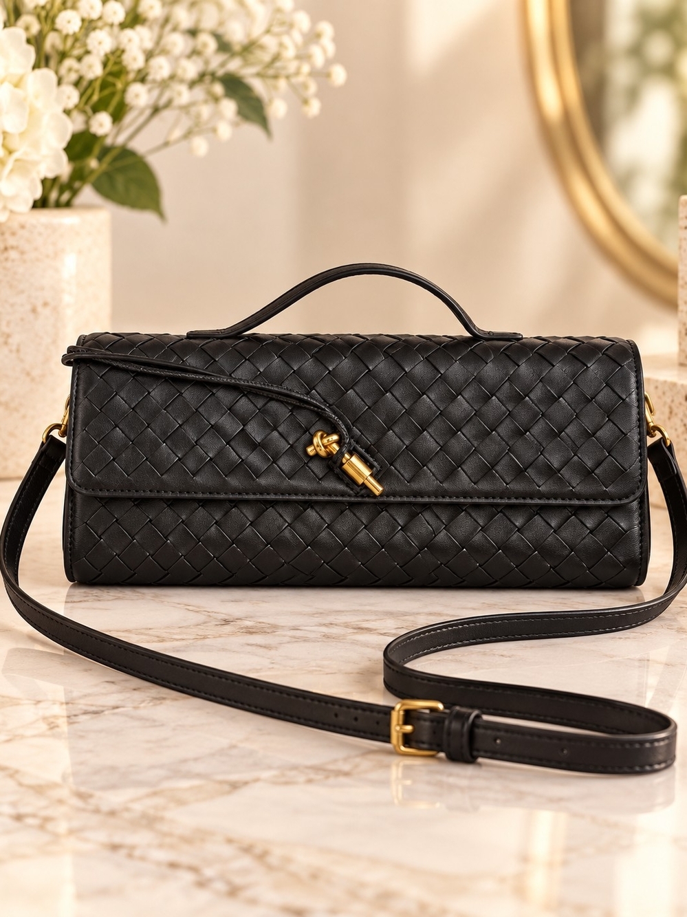 Black Woven Faux-Leather Top-Handle Crossbody Bag